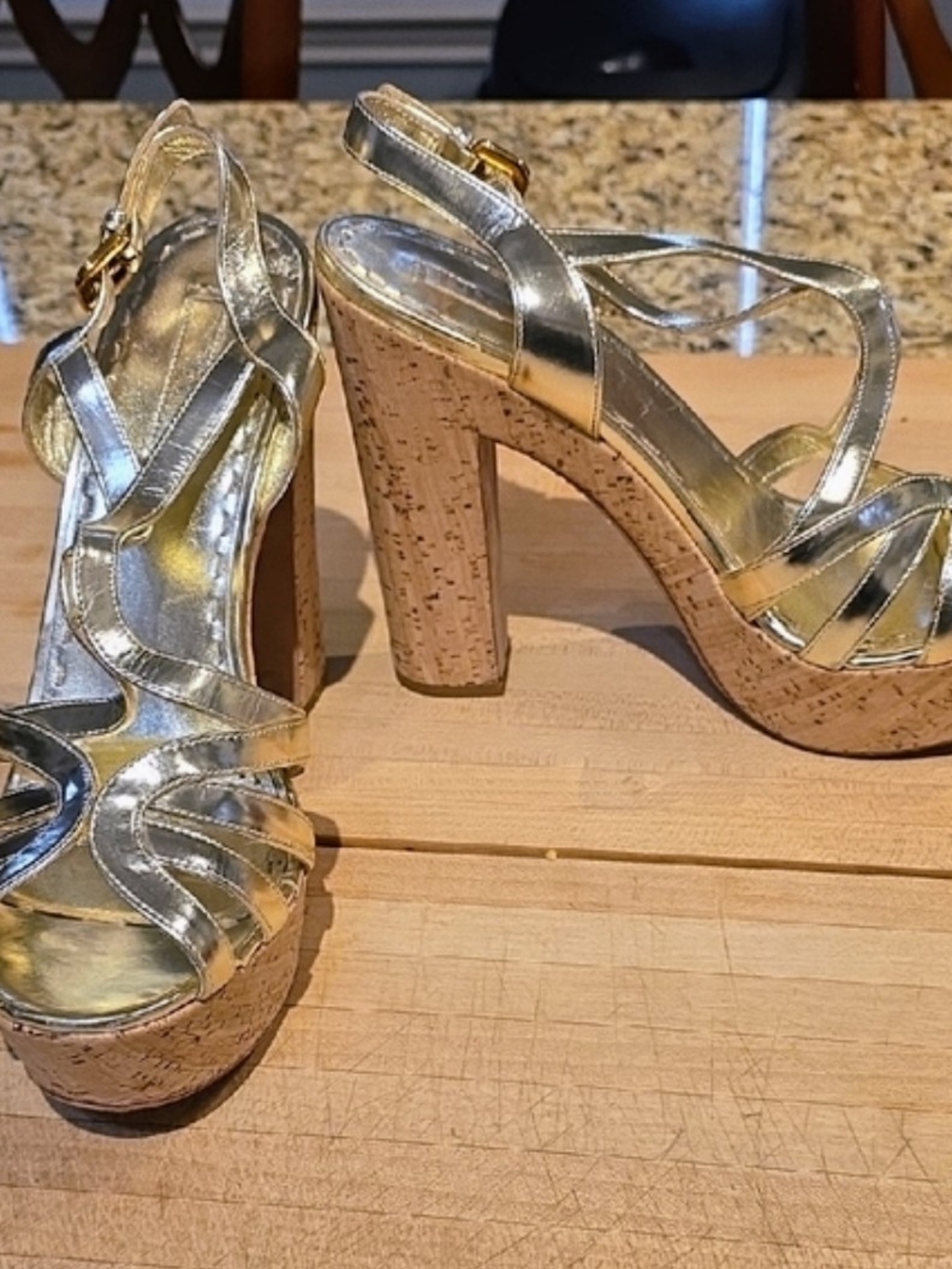 Prada Gold Silver Metallic Leather Cork Platform Heels Sandals Sz 41/10 US